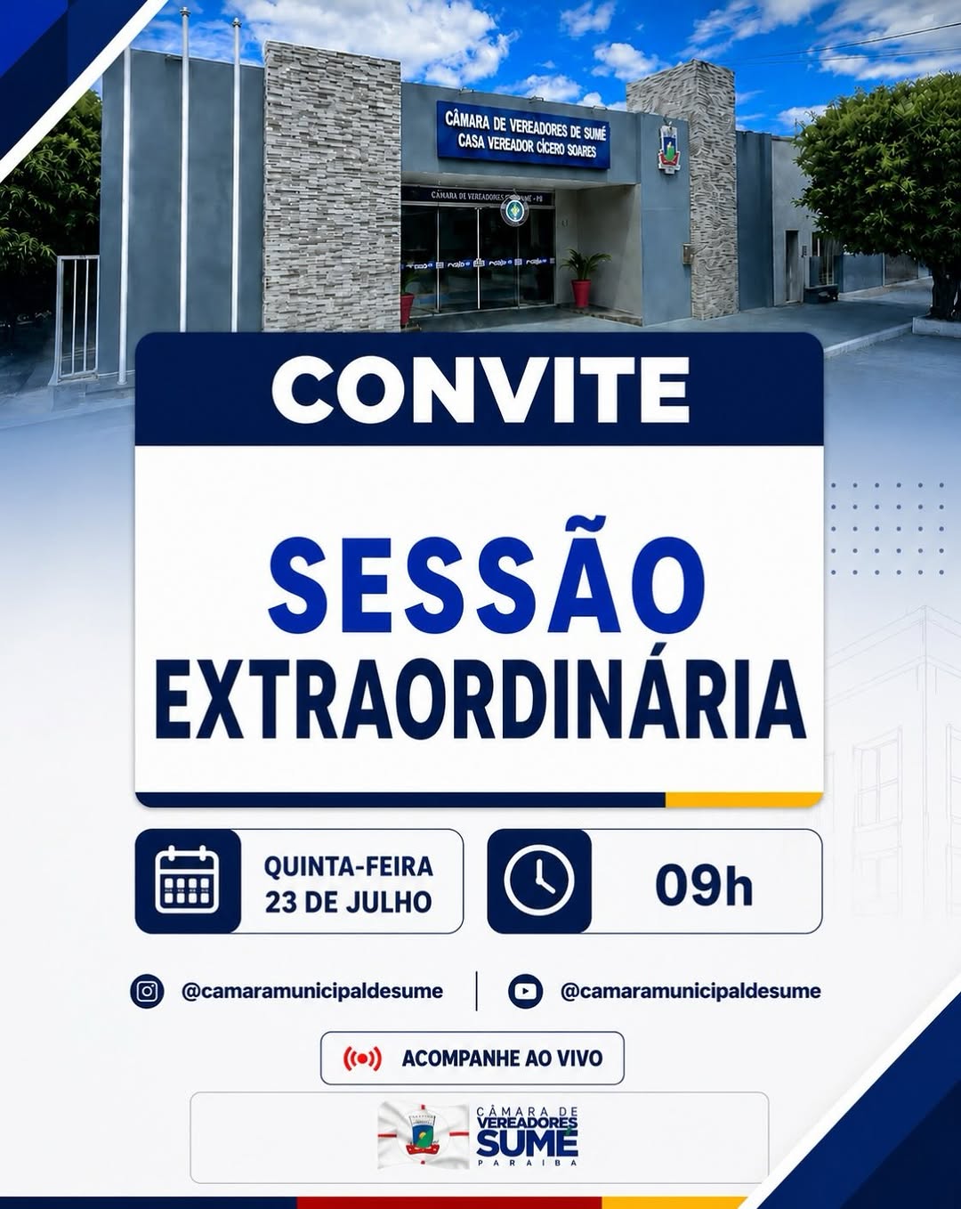 Acompanhe ao vivo através do YouTube e Instagram @camaramunicipaldesume.