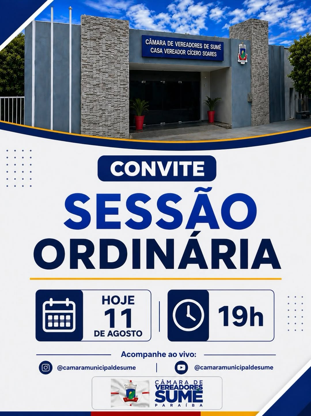 Acompanhe ao vivo através do YouTube e Instagram @camaramunicipaldesume.